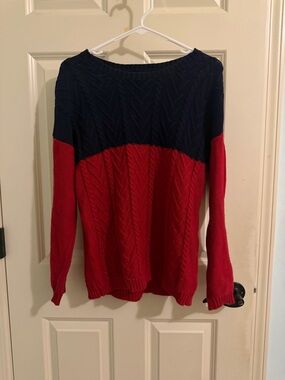 Forever 21 Navy and Red Cable Knit Scoop Neck Sweater